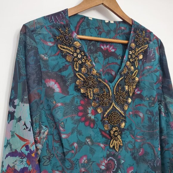 Soft Surrounding Womens Floral Beaded V Neck Tuinc Top Sheer Boho Art To Wear - Picture 2 of 8